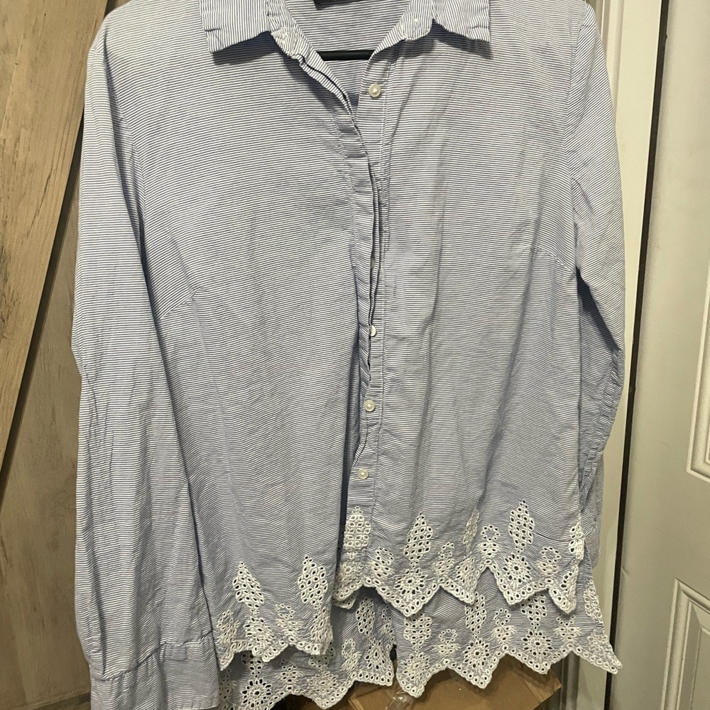 Blue Striped Button-Up Shirt with Lace Hem